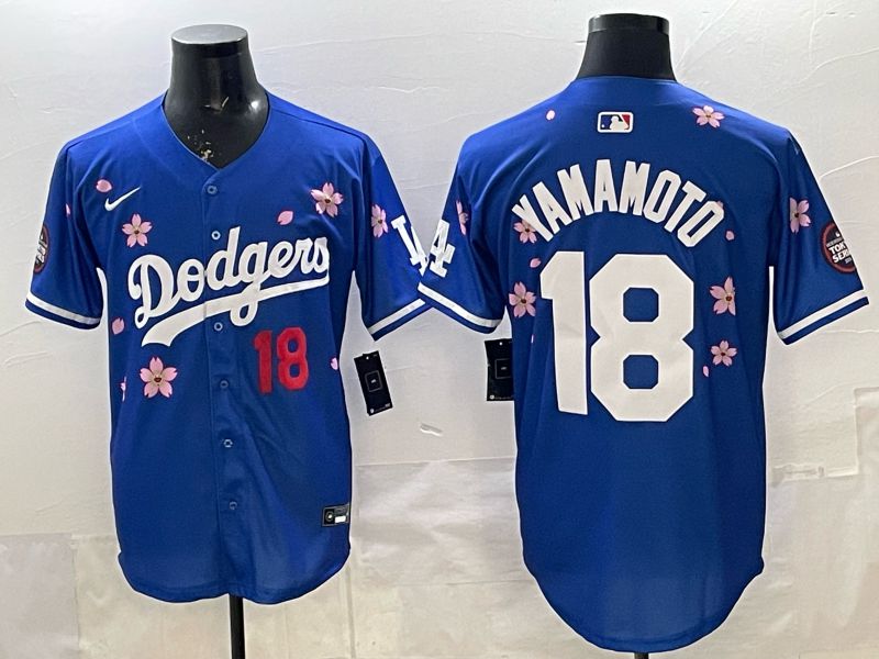 Men 2025 Los Angeles Dodgers #18 Yamamoto Blue Sakura Edition Nike MLB Jersey style 004
